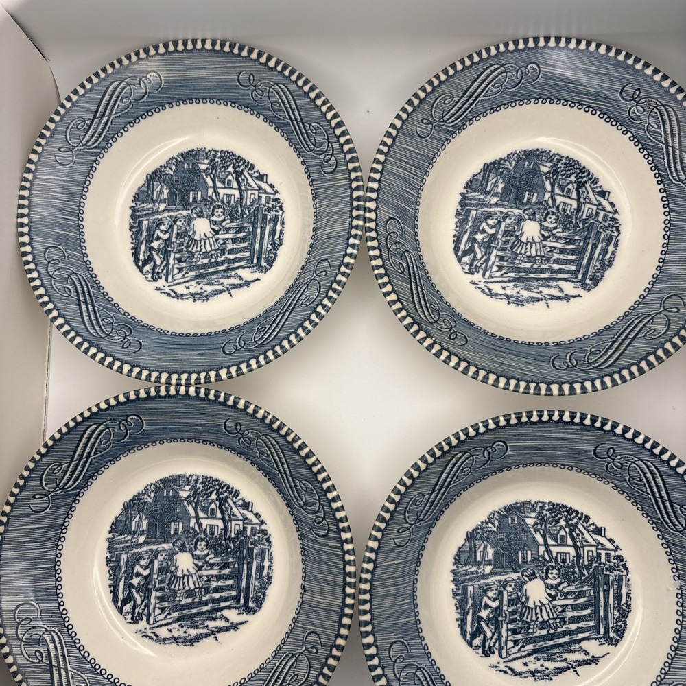 VTG Currier & Ives Royal USA The Old Farm Gate Fruit Dessert Bowls Lot of 4 Blue